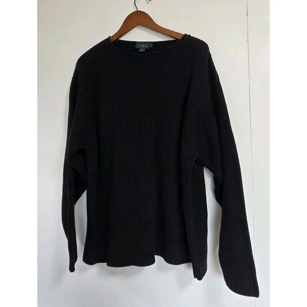 J Crew Sweater Mens L Black Ribbed Knit Cotton Fisherman Oarsman Crewneck